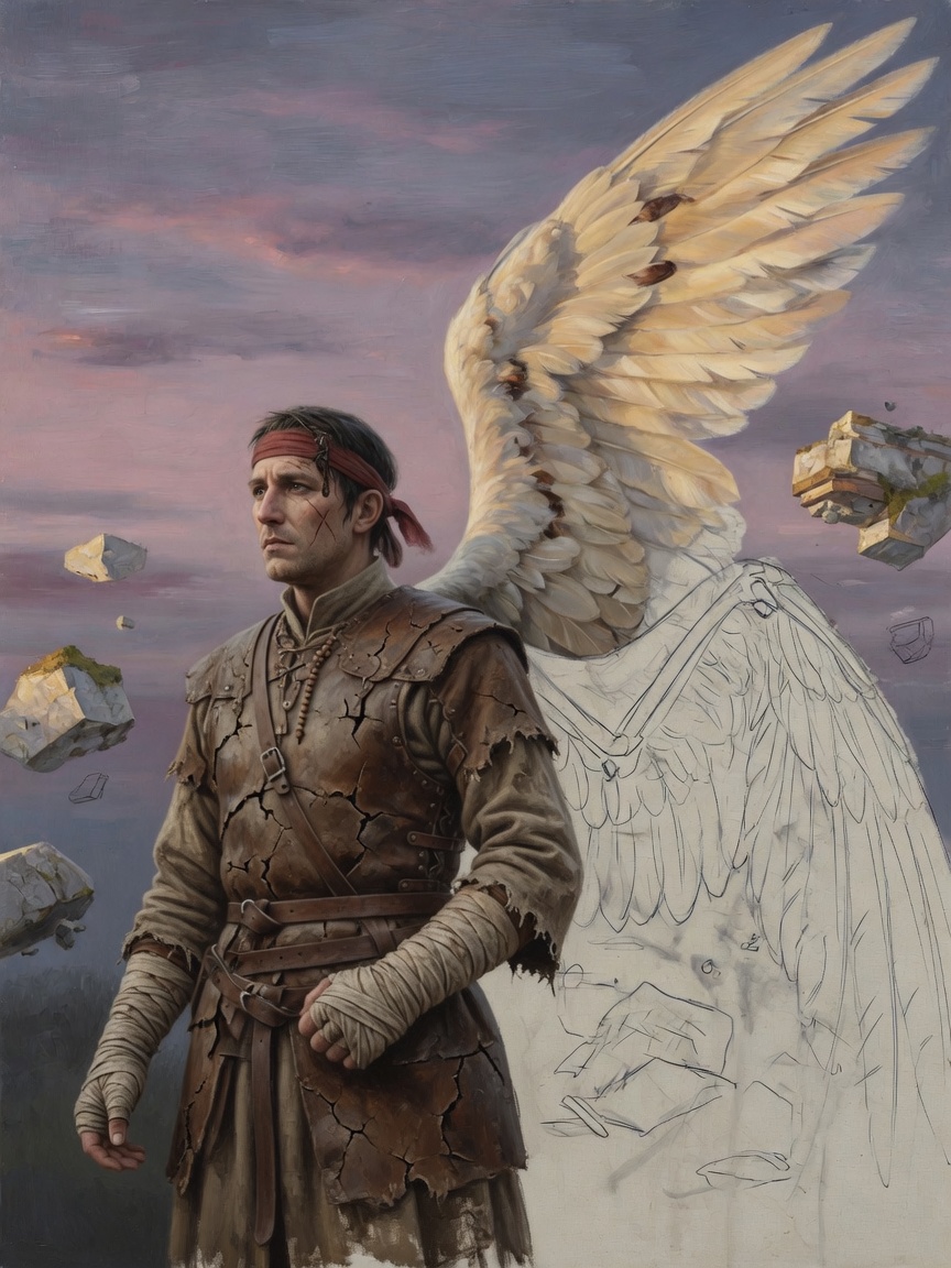 Original painting of an unfinished winged martial figure: one wing fully feathered, the other only a construction drawing.