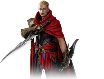 Official AION 2 Assassin character art: red cloak and twin curved blades.
