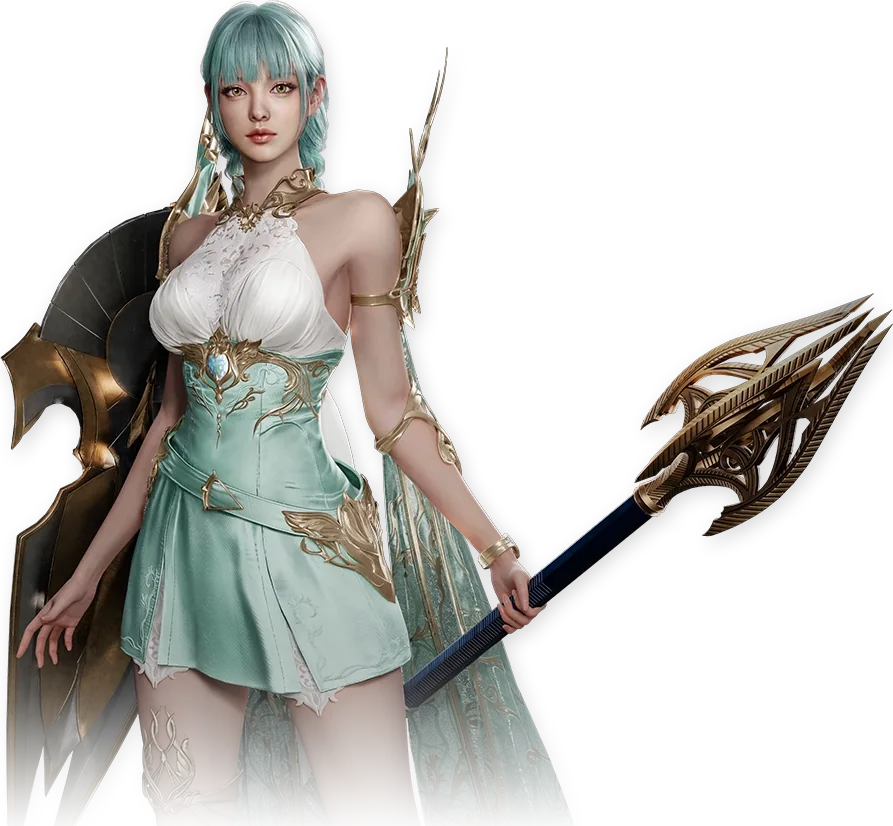 Official AION 2 Cleric character art: pale green dress and a gold mace.