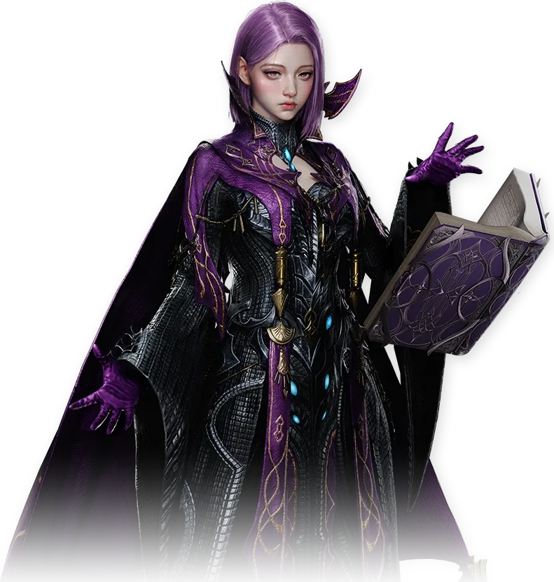 Official AION 2 Sorcerer character art: violet robes and a spellbook.