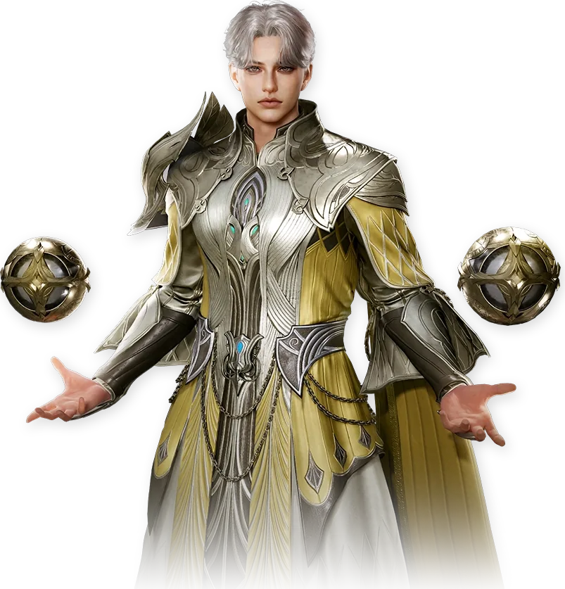 Official AION 2 Spiritmaster character art: gold robes with two floating orbs.